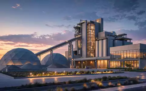 Martin Marietta Materials (US5732841060) symbolisiert dieses moderne Architektur-Render einer sauberen, futuristischen Baustoffanlage bei Abenddämmerung - Foto: THN