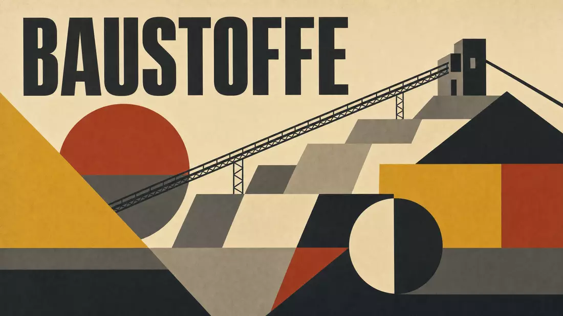 Geometrisches Bauhaus-Poster mit dem Text BAUSTOFFE in kräftigen Farben