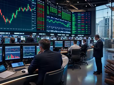 Martin Marietta Materials (US5732841060) im redaktionellen Kontext eines belebten Börsenparketts mit abstrakten Branchencharts im Hintergrund - Foto: THN