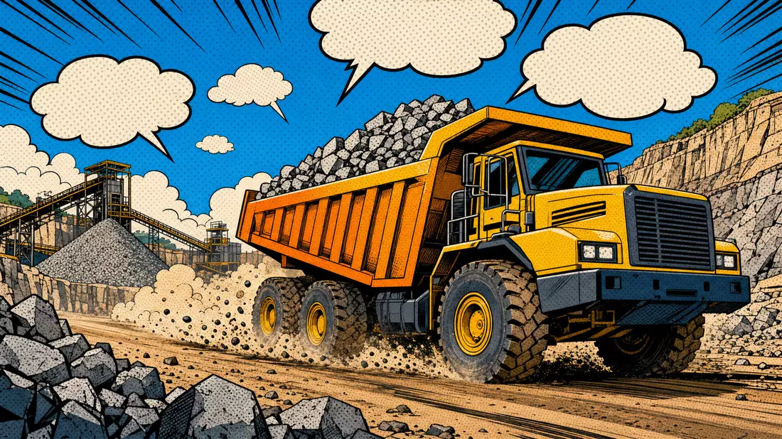 Pop-Art-Comic mit Lastwagen und Gesteinsladung im Steinbruch