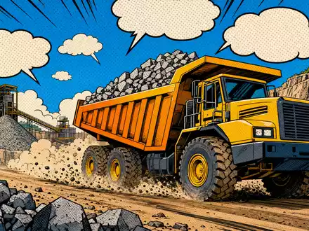 Martin Marietta Materials (US5732841060) als farbenfrohe Pop-Art-Comic-Szene einer belebten Steinbruch-Baustelle mit Lastwagen - Foto: THN