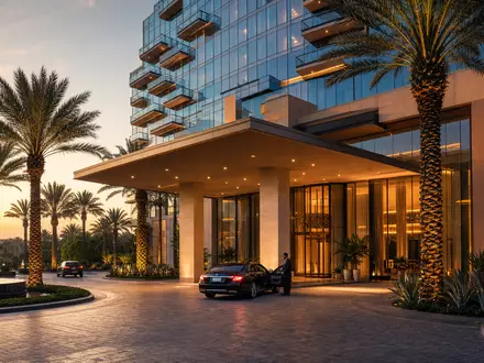 Marriott International US5719032022 zeigt fotorealistisches Hoteleingangs-Motiv mit Palmen bei warmem Abendlicht heute - Foto: THN