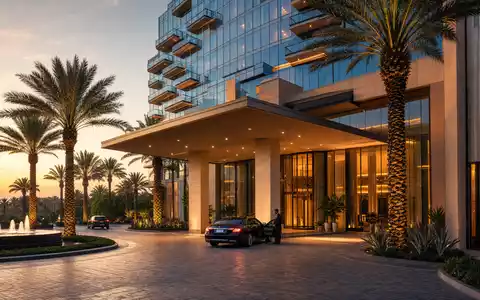 Marriott International US5719032022 zeigt fotorealistisches Hoteleingangs-Motiv mit Palmen bei warmem Abendlicht heute - Foto: THN