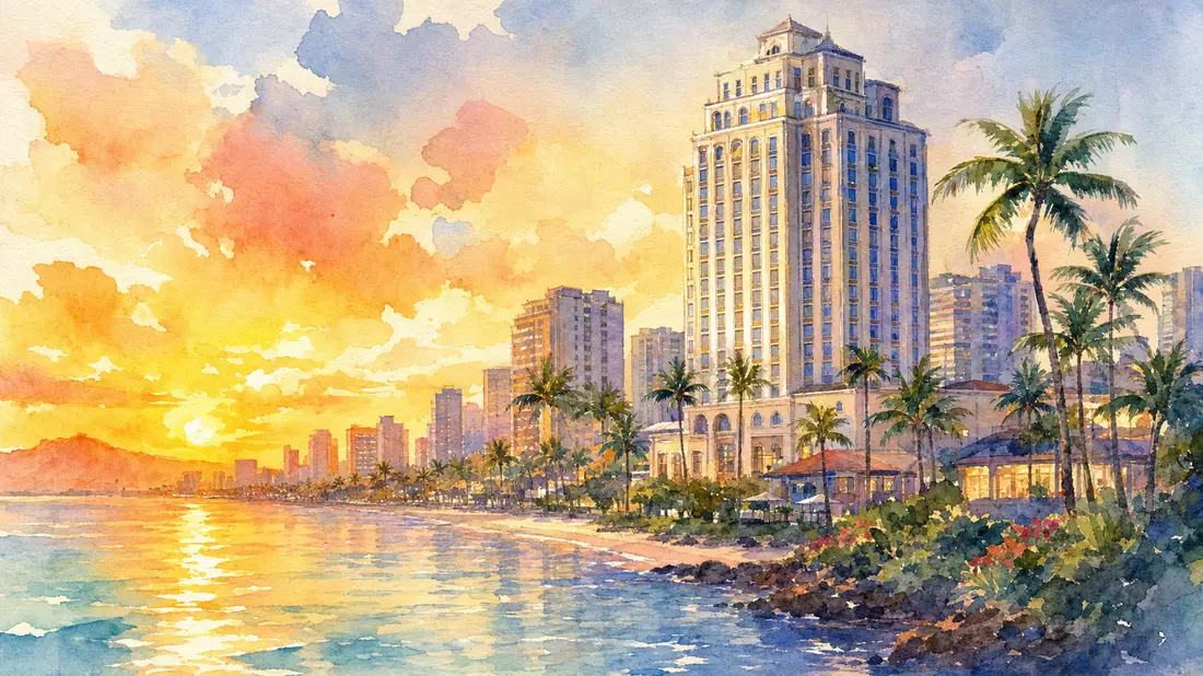 Aquarellgemälde einer Küstenstadt mit Hotelturm und Palmen bei Sonnenuntergang