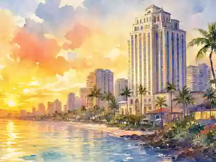 Marriott International US5719032022 präsentiert Aquarell-Illustration einer Küstenstadt mit hohem Hotelturm bei Sonnenuntergang - Foto: THN