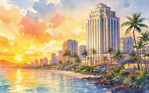 Marriott International US5719032022 präsentiert Aquarell-Illustration einer Küstenstadt mit hohem Hotelturm bei Sonnenuntergang - Foto: THN