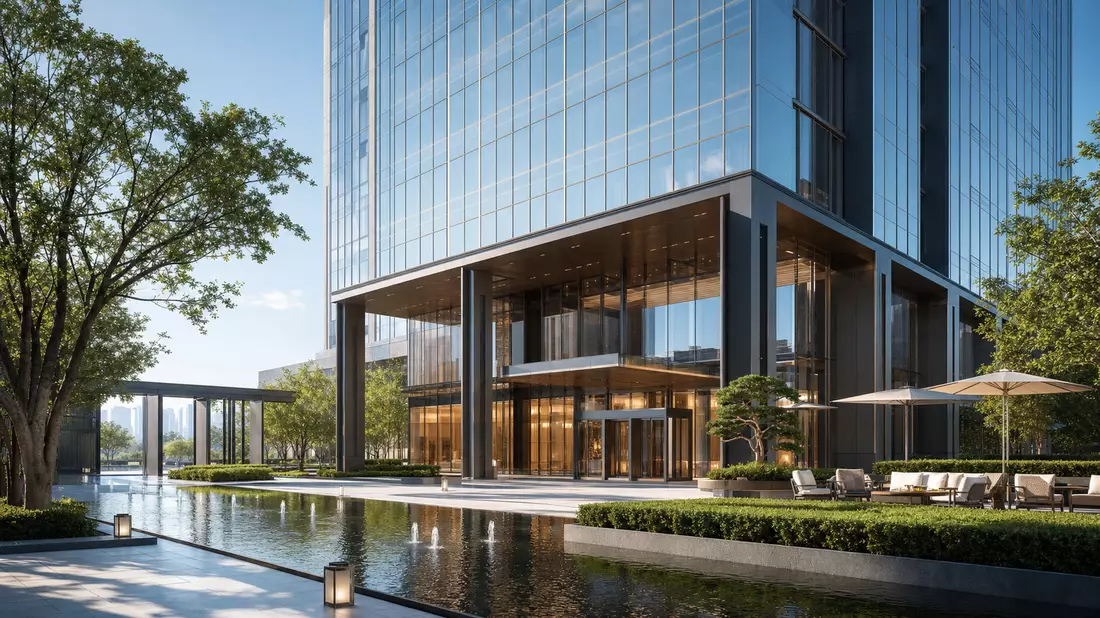 Architektur-Render eines modernen Glashochhauses mit Vorplatz und Wasserbecken