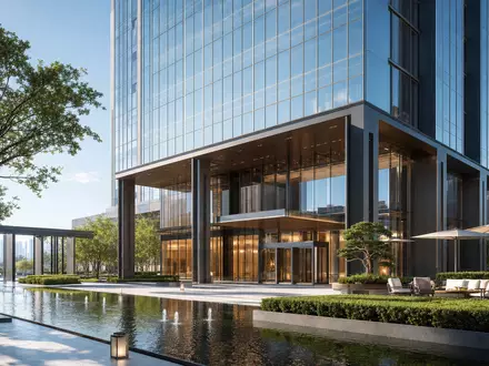 Marriott International US5719032022 illustriert modernen Architektur-Render eines gläsernen Hotelhochhauses mit Wasserbecken davor - Foto: THN