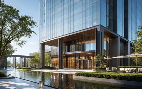 Marriott International US5719032022 illustriert modernen Architektur-Render eines gläsernen Hotelhochhauses mit Wasserbecken davor - Foto: THN