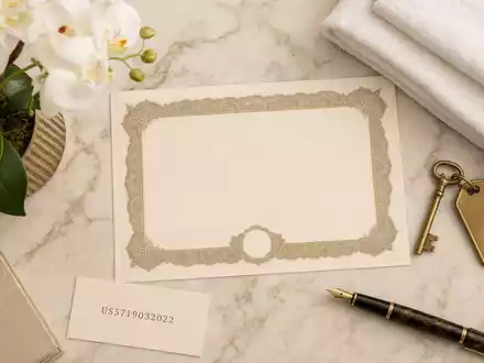 Marriott International US5719032022 zeigt Flatlay mit Aktienzertifikat, ISIN-Karte, Zimmerschlüssel und weichem Handtuch arrangiert - Foto: THN