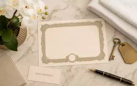Marriott International US5719032022 zeigt Flatlay mit Aktienzertifikat, ISIN-Karte, Zimmerschlüssel und weichem Handtuch arrangiert - Foto: THN