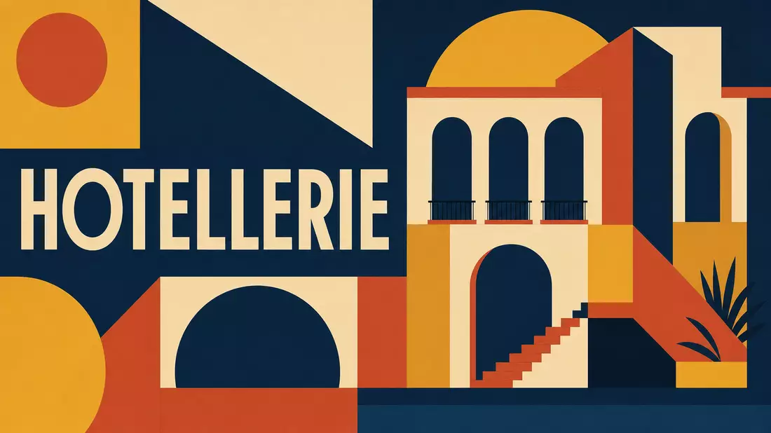 Bauhaus-Poster mit geometrischen Formen, Bogenfenstern und Schriftzug HOTELLERIE