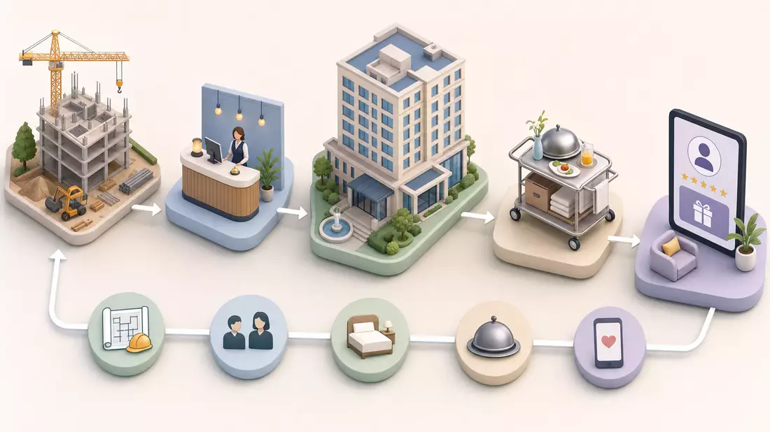 Isometrische 3D-Grafik der Hotel-Wertschöpfungskette von Bau bis Gästeservice