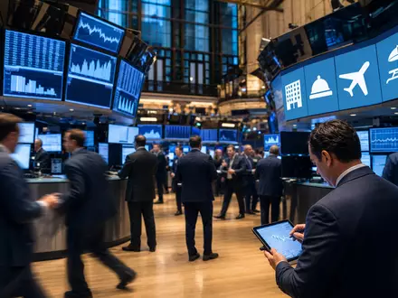 Marriott International US5719032022 zeigt Börsen-Editorial mit Trading-Floor und sektorbezogenen Reise- und Hotelsymbolen NYSE - Foto: THN
