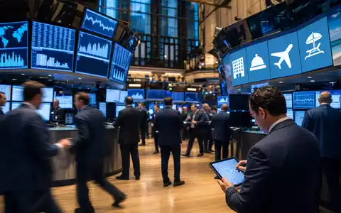 Marriott International US5719032022 zeigt Börsen-Editorial mit Trading-Floor und sektorbezogenen Reise- und Hotelsymbolen NYSE - Foto: THN