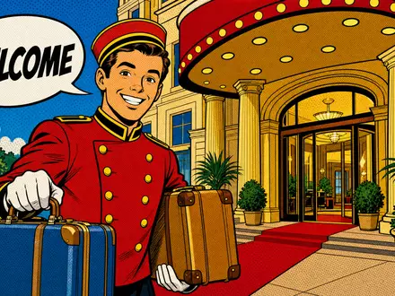 Marriott International US5719032022 wird als farbenfrohe Pop-Art-Comicszene mit Page vor Hoteleingang gezeigt - Foto: THN