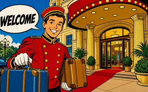 Marriott International US5719032022 wird als farbenfrohe Pop-Art-Comicszene mit Page vor Hoteleingang gezeigt - Foto: THN