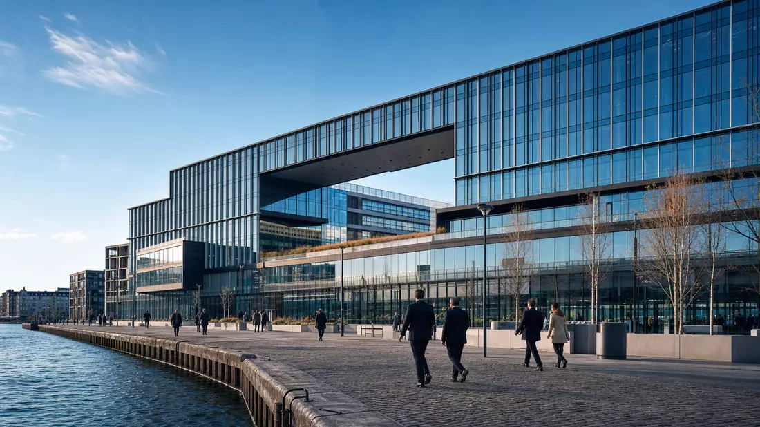 Moderne Bankzentrale am Wasser in Kopenhagen, fotorealistisch, Danske Bank A/S