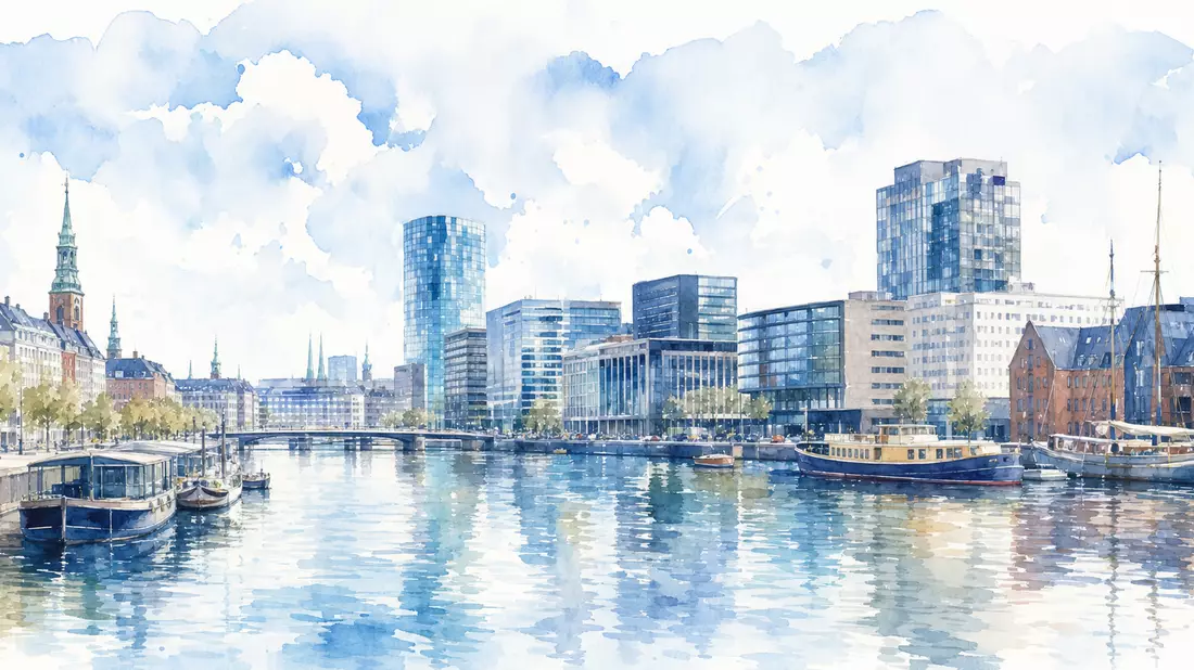 Aquarellbild der Kopenhagener Hafenskyline mit Bürotürmen und Booten