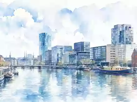 Aquarellmalerei der Kopenhagener Skyline, künstlerisches Bild zu Danske Bank A/S, ISIN DK0010274414, sanfte Farben - Foto: THN