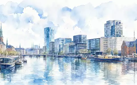 Aquarellmalerei der Kopenhagener Skyline, künstlerisches Bild zu Danske Bank A/S, ISIN DK0010274414, sanfte Farben - Foto: THN