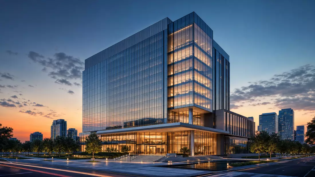 Architekturrender eines modernen Glashochhauses als Bankgebäude bei Dämmerung