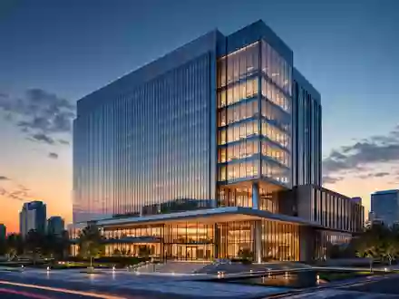 Architektonisches 3D-Render eines glÀsernen Bankhochhauses bei DÀmmerung, thematisch verbunden mit Danske Bank A/S, ISIN DK0010274414 - Foto: THN