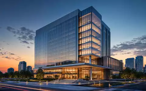 Architektonisches 3D-Render eines gläsernen Bankhochhauses bei Dämmerung, thematisch verbunden mit Danske Bank A/S, ISIN DK0010274414 - Foto: THN