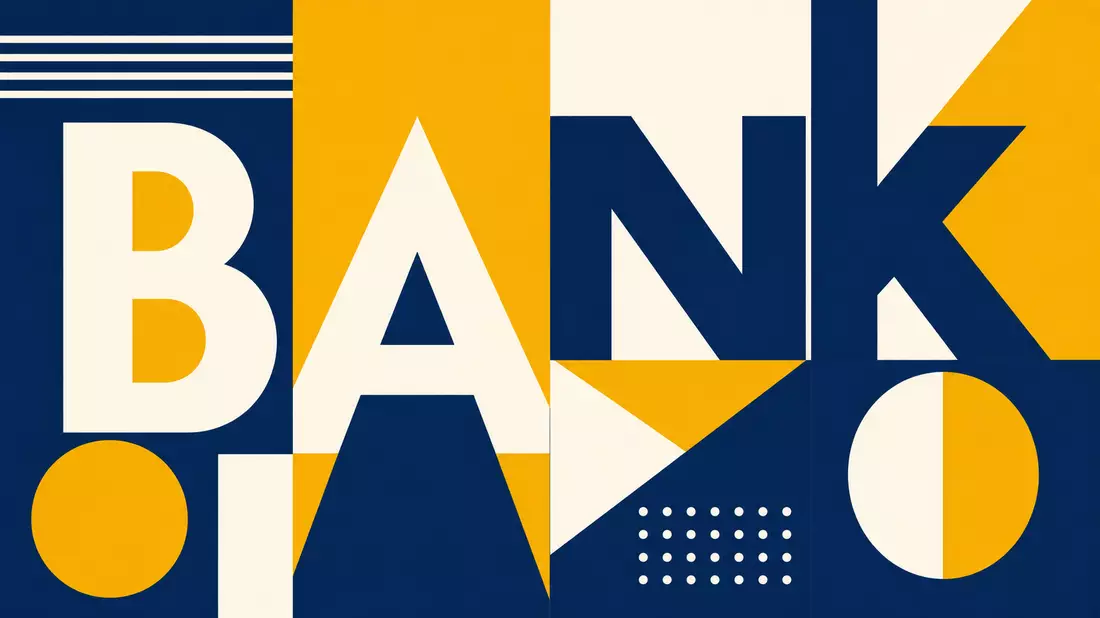 Bauhaus-Poster mit geometrischen Formen und dem Schriftzug BANK