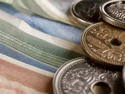 Makroaufnahme dänischer Banknoten und Münzen, thematisch passend zu Danske Bank A/S, ISIN DK0010274414, Finanzsektor - Foto: THN