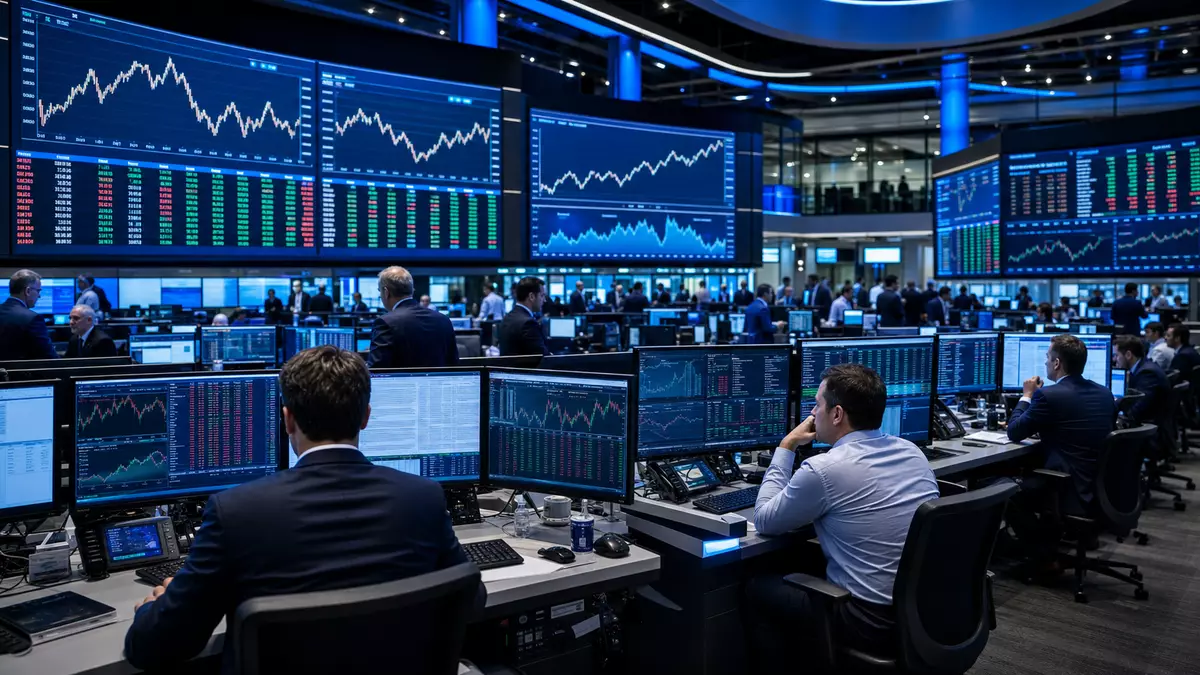 Trading-Floor mit großen Bildschirmen und Händlern vor Finanzcharts