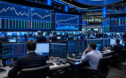 Editorial-Aufnahme eines Börsen-Handelsraums mit Finanzcharts, redaktionell inspiriert von Danske Bank A/S, ISIN DK0010274414, Nasdaq Copenhagen - Foto: THN