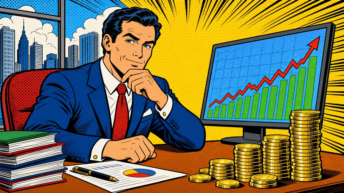Pop-Art-Comic eines Bankers am Schreibtisch mit steigendem Kursdiagramm