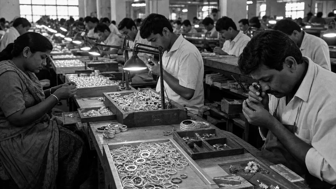 Schwarzweiß-Reportagefoto von Arbeitern in Schmuckfabrik bei der Ringkontrolle