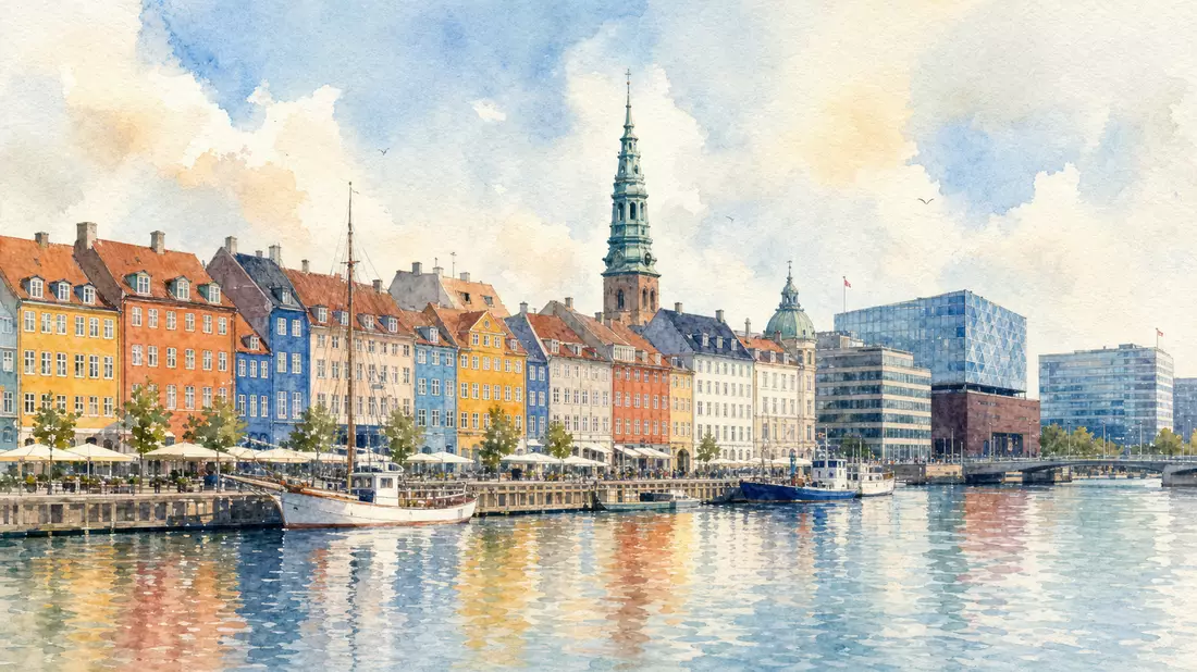 Aquarellmalerei der Kopenhagener Hafenpromenade mit bunten Häusern und Booten