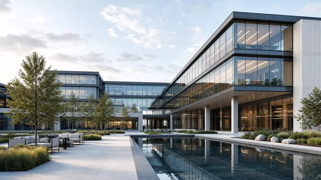 Architektur-Rendering eines modernen Glas-Bürogebäudes mit Wasserbecken und Terrasse