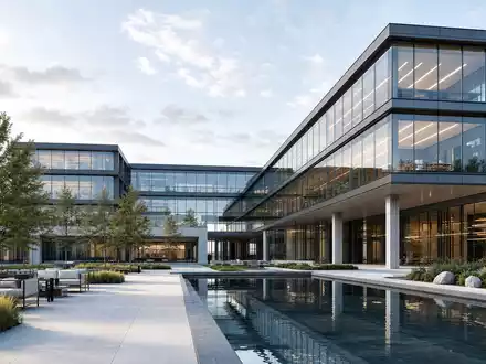 Pandora A/S (DK0060252690) unterhält moderne Firmenzentralen, Architektur-Render zeigt gläsernes skandinavisches Bürogebäude mit Wasserbecken - Foto: THN