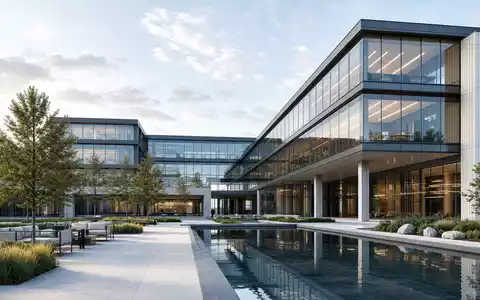 Pandora A/S (DK0060252690) unterhĂ€lt moderne Firmenzentralen, Architektur-Render zeigt glĂ€sernes skandinavisches BĂŒrogebĂ€ude mit Wasserbecken - Foto: THN