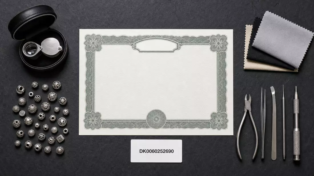 Flatlay mit Aktienzertifikat, ISIN-Karte, Silberperlen und Schmuckwerkzeugen auf dunklem Untergrund
