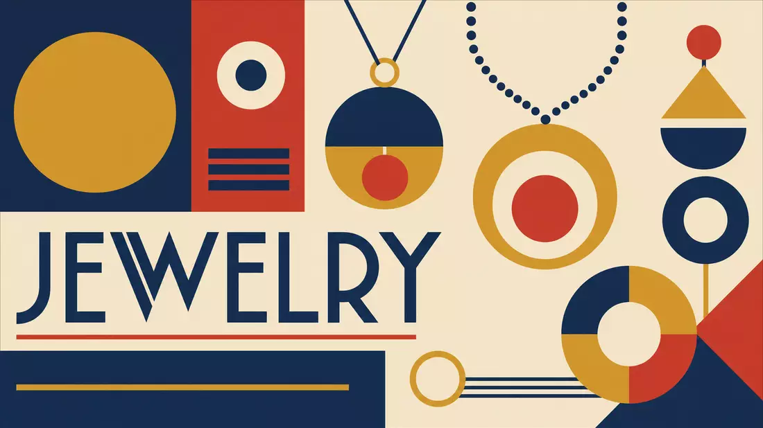 Bauhaus-Poster mit geometrischen Schmuckformen und dem Wort JEWELRY in Blockfarben