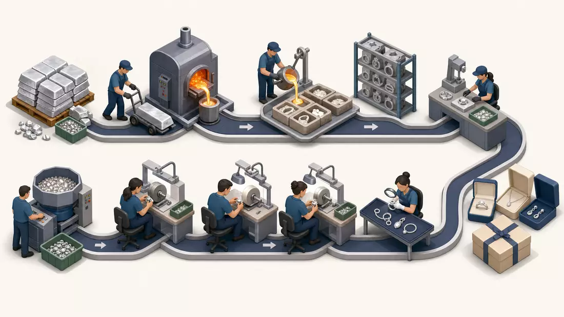 Isometrische 3D-Illustration der Wertschöpfungskette von Silberguss bis fertigem Schmuck