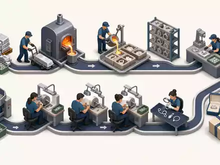 Pandora A/S (DK0060252690) durchläuft mehrstufige Fertigung, isometrische 3D-Grafik illustriert Wertschöpfungskette vom Silberrohstoff zum Schmuckstück - Foto: THN