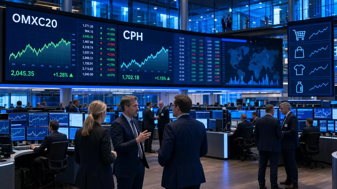 Editorial-Foto eines Trading-Floors mit Kursbildschirmen und Konsumgüter-Icons in Blautönen