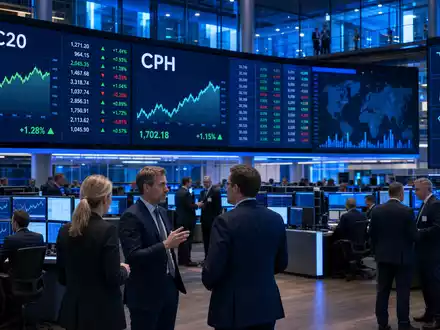 Pandora A/S (DK0060252690) notiert im Index OMXC20, Börsen-Editorial zeigt Trading-Floor mit Konsumgüter-Charts in Kopenhagen - Foto: THN