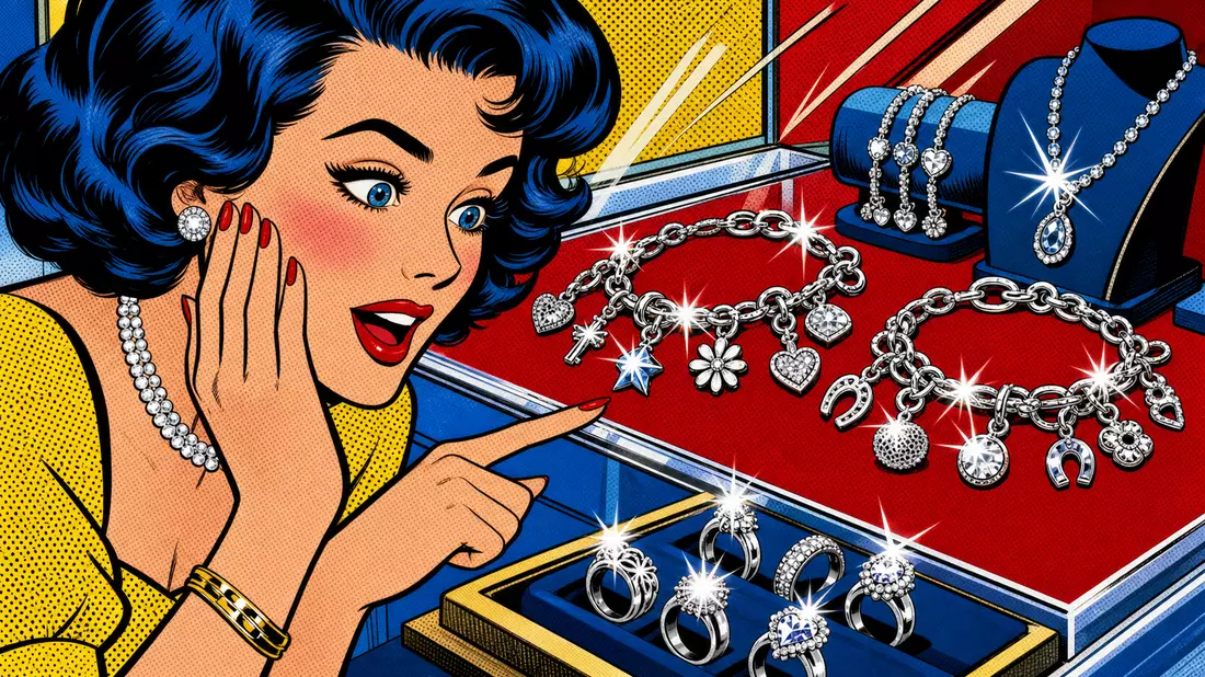Pop-Art-Comicillustration einer Frau, die glänzende Silberarmbänder und Ringe bewundert