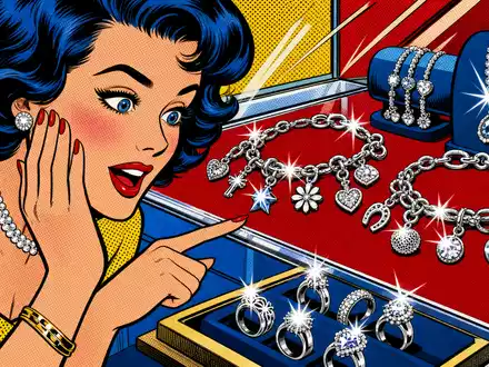 Pandora A/S (DK0060252690) inspiriert Schmuckliebhaber weltweit, farbenfrohe Pop-Art-Comicszene zeigt Frau vor funkelnder Schmuckauslage - Foto: THN
