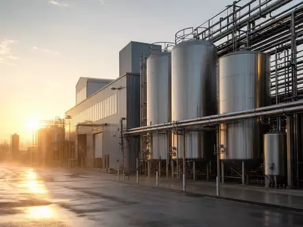 Fotorealistische Ansicht zeigt Royal Unibrew A/S, ISIN DK0060738599, mit moderner unbeschrifteter Brauereianlage bei Sonnenaufgang - Foto: THN