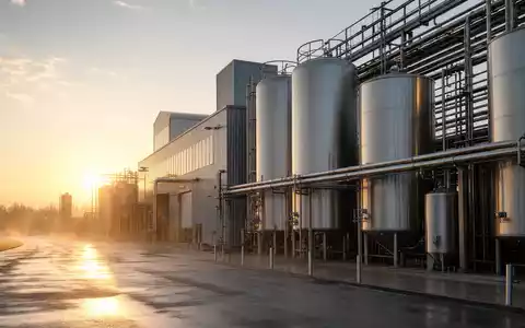Fotorealistische Ansicht zeigt Royal Unibrew A/S, ISIN DK0060738599, mit moderner unbeschrifteter Brauereianlage bei Sonnenaufgang - Foto: THN