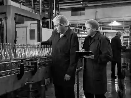 Dokumentarische SchwarzweiĂ-Reportage bildet Royal Unibrew A/S, ISIN DK0060738599, mit Arbeitern in einer GetrĂ€nkeabfĂŒllanlage ab - Foto: THN