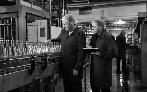Dokumentarische Schwarzweiß-Reportage bildet Royal Unibrew A/S, ISIN DK0060738599, mit Arbeitern in einer Getränkeabfüllanlage ab - Foto: THN